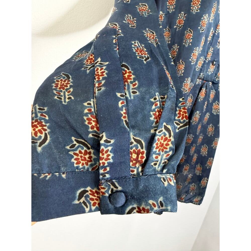 FOLKSONG Tunic Top Blue Floral Block Print Long Sleeve Boho Blouse Sz M - Picture 6 of 16